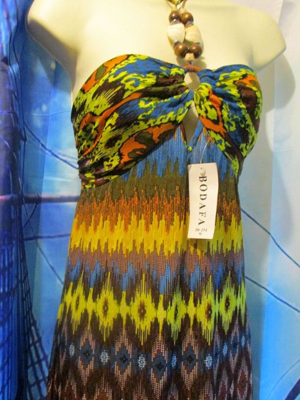 NWT "Bodafa" SILK Bohemian Maxi DRESS Multicolor Smocking Beaded Halter Woman M